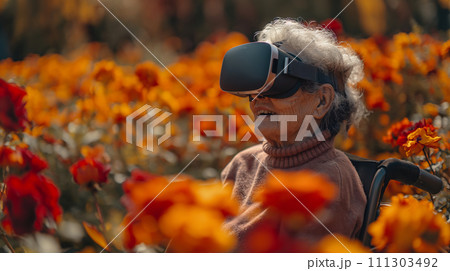 VRで花畑を楽しむおばあさん 111303492