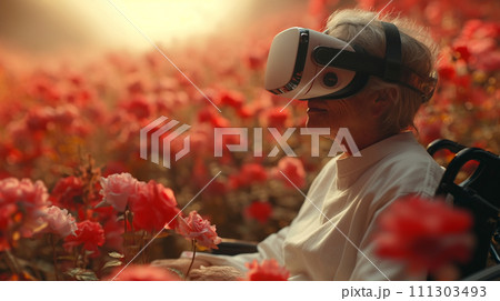 VRで花畑を楽しむおばあさん 111303493