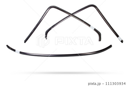Silver plastic moldings for chrome glass in car windows - tuning element for sale in a car service on a white isolated background in a photo studio. Silver plastic moldings for chrome glass in car windows - tuning element for sale in a car service on a white isolated background in a photo studio. 111303934
