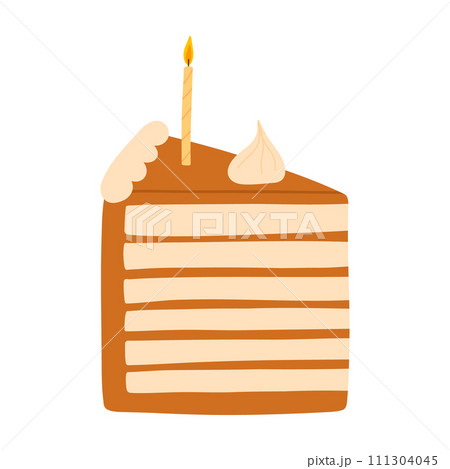 Piece of cake with candles isolated on white background. Hand drawn birthday cake. Vector illustration. 111304045