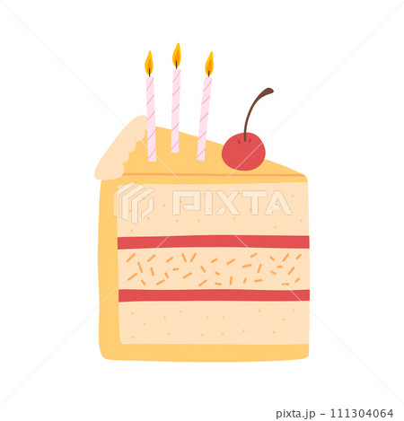 Piece of cake with candles isolated on white background. Hand drawn birthday cake. Vector illustration. 111304064