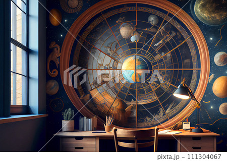 Fantasy astronomer room, astronomer kids room interior, generative ai 111304067