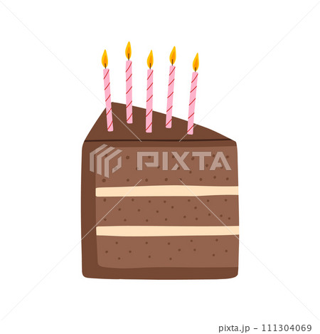Piece of cake with candles isolated on white background. Hand drawn birthday cake. Vector illustration. 111304069