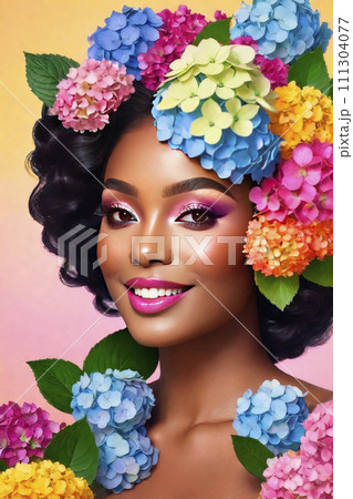Portrait of young beautiful black girl in flowers in the hair. 111304077