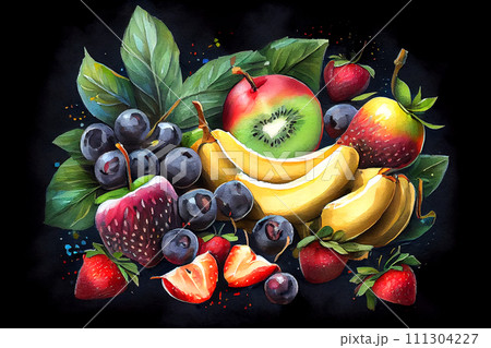 A composition of various fruits including apples, bananas, strawberries, and grapes arranged on a dark background, generative ai illustration 111304227