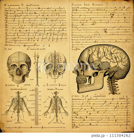 Antique book page with text on abstract language, ai illustration 111304262