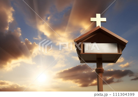 A wooden mailbox with cross for messages from believers to God on sunset sky background, AI Generative 111304399