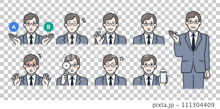 Simple vector icon illustration set material of a middle-aged man wearing a suit 111304409