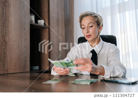 Portrait of happy business woman sitting at table, holding euro bills in hands, counting money. Front view of female counting European currency. Concept of financial accounting budget planning 111304727
