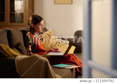 Girl communicating with teacher online 111304782