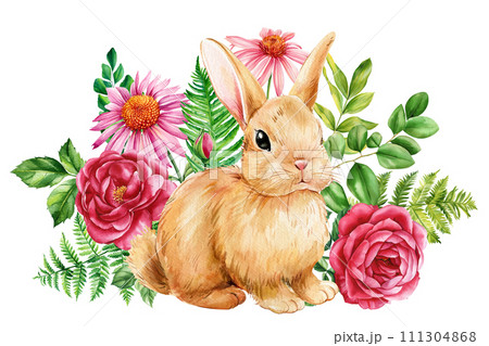 Happy Easter watercolor card, Easter rabbit, spring flowers pastel color Isolated background. Watercolor flora decor 111304868