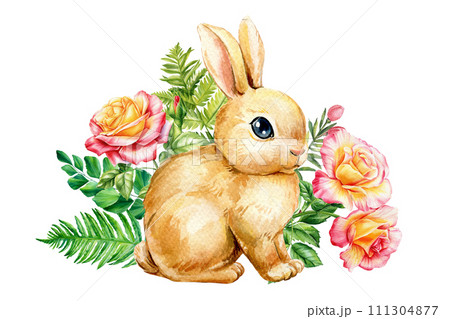Cute bunny and roses flowers, watercolor hand drawing. spring composition, Happy baby animal, Adorable bunny with flora Cute bunny and roses flowers, watercolor hand drawing. spring composition, Happy baby animal, Adorable bunny with flora 111304877