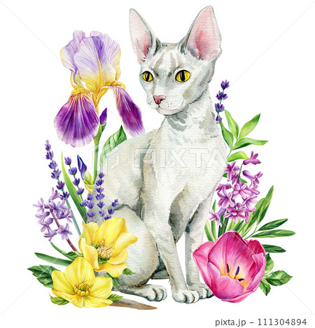 Cute cats watercolor illustration. Watercolor hand drawn cat, spring bouquet flowers, leaves for design, poster, cards 111304894