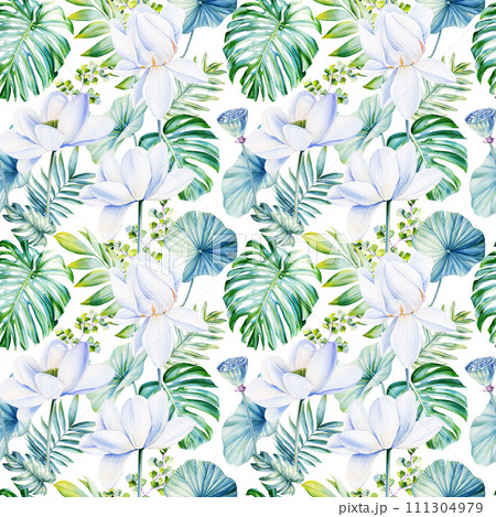 White Lotus flowers, Seamless watercolor pattern, summer background tropical palm leaf. Jungle wallpaper Hawaiian style White Lotus flowers, Seamless watercolor pattern, summer background tropical palm leaf. Jungle wallpaper Hawaiian style 111304979