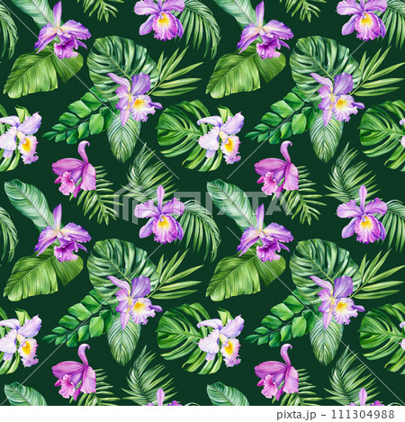 Blooming Orchid flower Seamless watercolor pattern tropical background palm leaf monstera. Jungle wallpaper Hawaiian 111304988