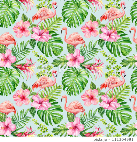 Seamless watercolor floral pattern, pink flamingo bird, summer background tropical hibiscus flowers, palm leaf Hawaiian 111304991