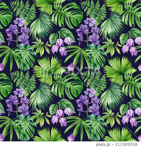 Tropical seamless pattern. Violet orchid flower exotic palm tree. Summer floral watercolor illustration. Creative tropic 111305016