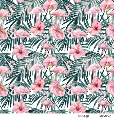 Tropical flower, Palm leaves and flamingo bird watercolor summer Seamless pattern. Exotic background hand drawn flora Tropical flower, Palm leaves and flamingo bird watercolor summer Seamless pattern. Exotic background hand drawn flora 111305052