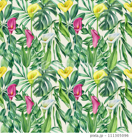 Tropical flower, Palm leaf watercolor botanical summer Seamless pattern. Watercolor tropical background hand drawn flora Tropical flower, Palm leaf watercolor botanical summer Seamless pattern. Watercolor tropical background hand drawn flora 111305096