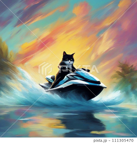 ジェットスキーをするネコ ジェットスキーをするネコ 111305470