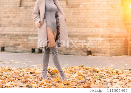 Fashion portrait of sexy woman in mask and lingerie in autumn park. Pandemic, virus, coronavirus 111305493