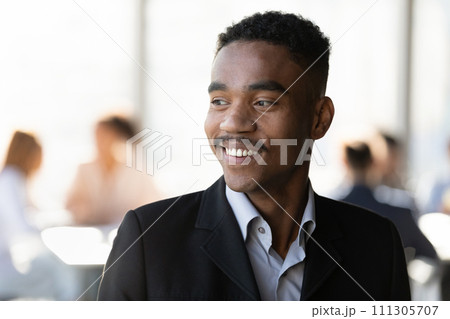 Smiling motivated young black man manager feel satisfied with job 111305707