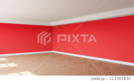 Corner of the Sunny Interior with Red Walls, a White Ceiling and Cornice 111305830