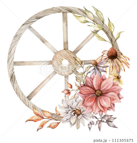 Old wooden wheel with dired flowers with dahlia. Hand painted asters. Watercolor illustration. Fall leaves, and plants for greeting cards, rustic wedding invitations, decorations. 111305875