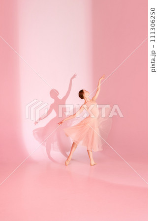 Elegant Pose. Ballerina in pink traditional ballet dress, tutu poses barefoot against pastel pink background with her shadow. Elegant Pose. Ballerina in pink traditional ballet dress, tutu poses barefoot against pastel pink background with her shadow. 111306250