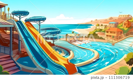 輝く水上スライダーと海の景色のアクアパークで楽しむ夏の娯楽 No.001　AI生成画像 111306719