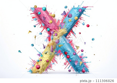 Colorful splashes and drops of paint forming letter X 111306826