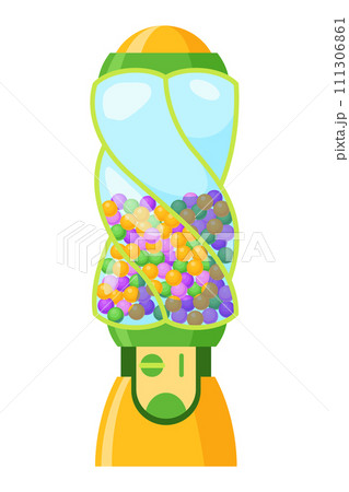 Gumball machine icon. Transparent round glass candy dispenser with colorful bubble gum. Vending machine. Container sweets balls penny coin. Vector illustration isolated on white Gumball machine icon. Transparent round glass candy dispenser with colorful bubble gum. Vending machine. Container sweets balls penny coin. Vector illustration isolated on white 111306861
