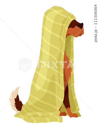 Dog character in blanket. Cartoon drawing of adorable comic domestic animal in warm clothing isolated on white background. Vector illustration Dog character in blanket. Cartoon drawing of adorable comic domestic animal in warm clothing isolated on white background. Vector illustration 111306864