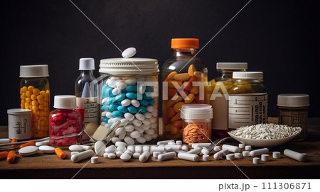 Assorted pills and capsules on wooden table. Assorted pills and capsules on wooden table. 111306871