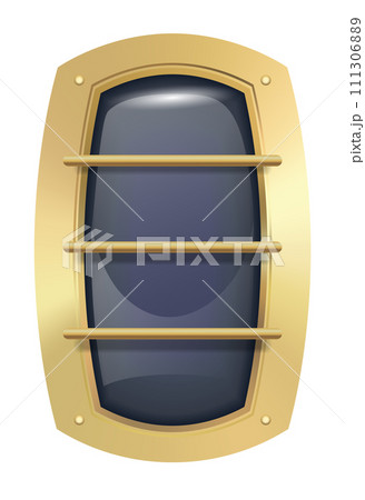 Porthole window icon. Safe round metalic spaceship illuminator decent. Vector steel window hole. Cruise aircraft porthole or fuselage cabin window 111306889