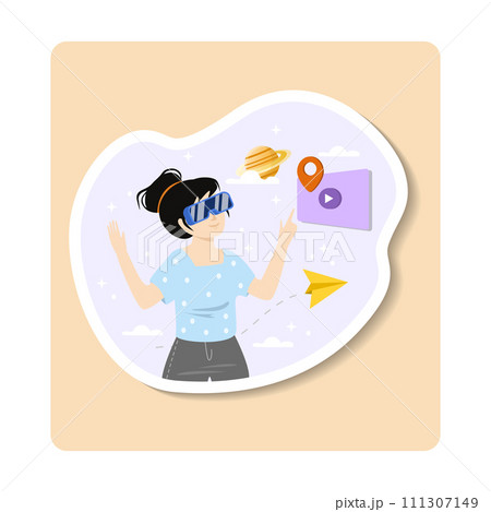 Interactive simulations sticker illustration. Cyberspace. Metaverse Digital Virtual Reality Technology. Innovation Interactive Education at Home. Woman in VR Glasses Interactive simulations sticker illustration. Cyberspace. Metaverse Digital Virtual Reality Technology. Innovation Interactive Education at Home. Woman in VR Glasses 111307149