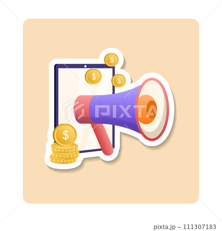 Advertising sticker illustration. Loudspeaker, coin, screen, tablet. Editable vector graphic design. 111307183