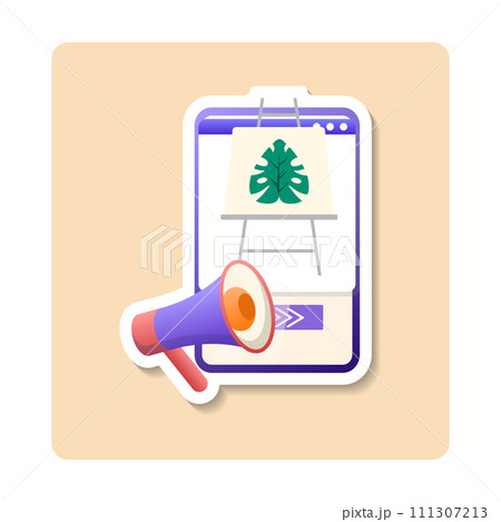 Promotion sticker illustration. Professional speaker with megaphone. Vector sticker illustration flat design style Promotion sticker illustration. Professional speaker with megaphone. Vector sticker illustration flat design style 111307213