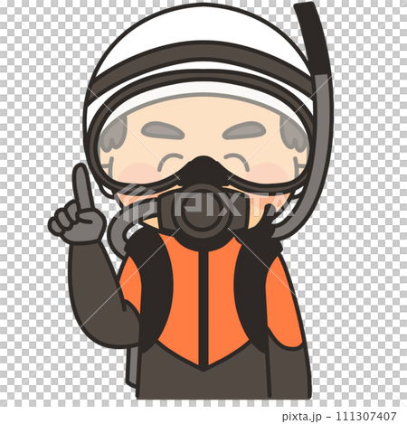 海上保安庁の潜水士さんがゴーグルをして笑顔で指差しポーズをしているイラスト 111307407