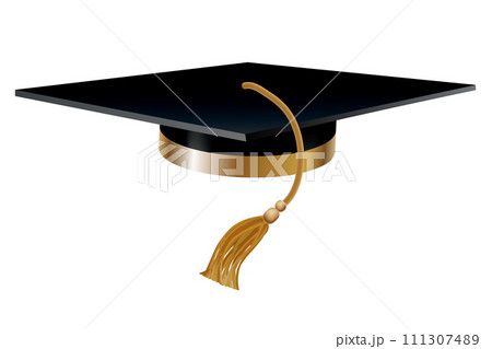 Graduation cap. Black educational student hat with golden tassel. Element for degree ceremony and educational programs design. College, high school or university cap isolated on white background 111307489