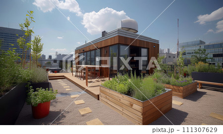 Modern eco-pod office surrounded by lush rooftop gardens in the heart of the city, blending work and nature seamlessly. Modern eco-pod office surrounded by lush rooftop gardens in the heart of the city, blending work and nature seamlessly. 111307629