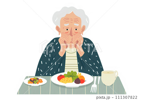 食欲がなく辛そうなシニア女性 食欲がなく辛そうなシニア女性 111307822