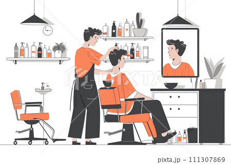 男性美容師とヘアカットされる男性客 111307869