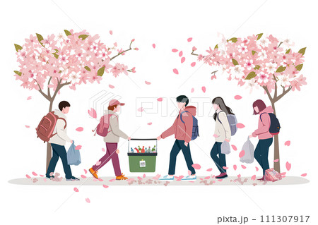 お花見会場でゴミ拾いをする若者たち-2 111307917