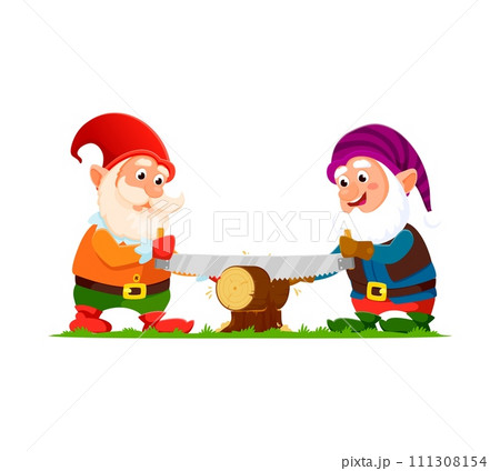 Cartoon gnome or dwarf characters happily saw a log with enthusiastic expressions mirroring their industrious work. Isolated vector playful midget personages with rosy cheeks and pointy hats working 111308154