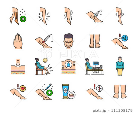 Edema line icons, disease of leg ankle and foot swelling, symptoms and treatment vector symbols. Edema lymphatic vascular or obesity sickness of legs and feet, diagnosis and medical care linear icons 111308179