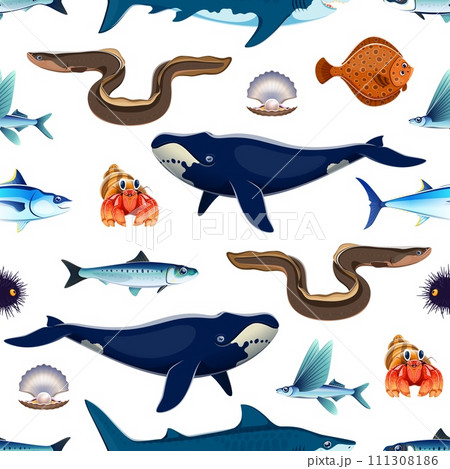 Cartoon sea animals seamless pattern. Fabric or textile pattern, wrapping paper vector print or wallpaper seamless background with eel, shark, flying fish, perl and whale, crab, tuna and sardine 111308186