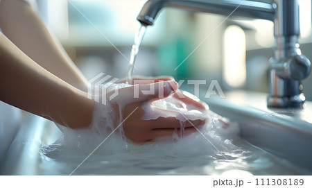 woman washing hands in sink woman washing hands in sink 111308189