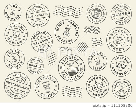 Postage and postal stamps and mail post labels, country vintage letter or postcard vector icons. Retro postage or postmark stamps with date seal from New York, Australia Sydney or Texas and California 111308200