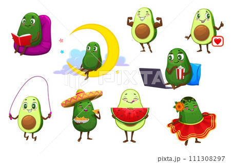 Cartoon mexican avocado fruits characters set. Vector cute green avocado personages dancing, reading book, jumping, eating nachos and watermelon, surfing internet with laptop, showing like symbol 111308297